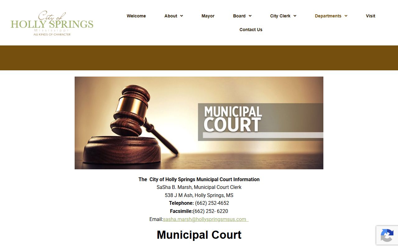 Holly Springs Municipal Court page with Marshall County traffic ticket fines, court rules, and payment options