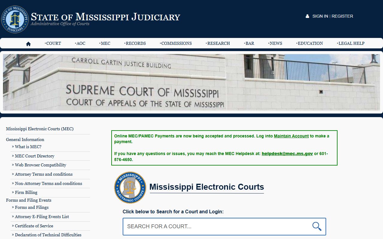 Mississippi Electronic Courts page covering Marshall County inmate case records