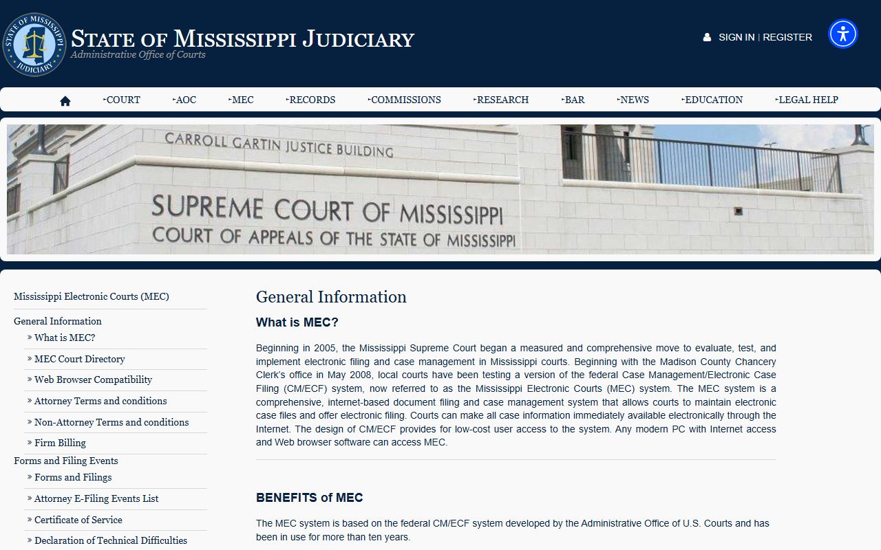 Mississippi Electronic Courts general information for Marshall County inmate case records