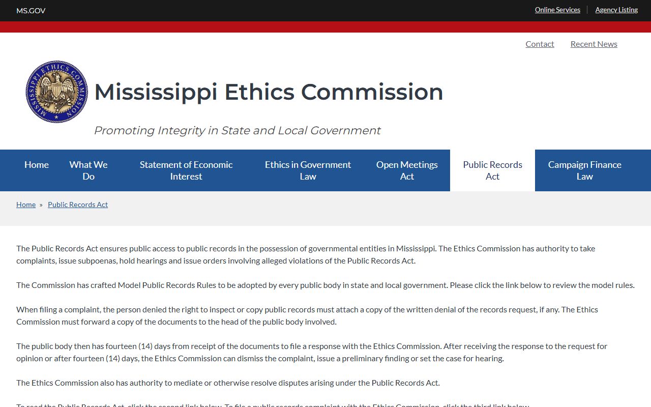Mississippi Ethics Commission public records page for Marshall County jail record requests