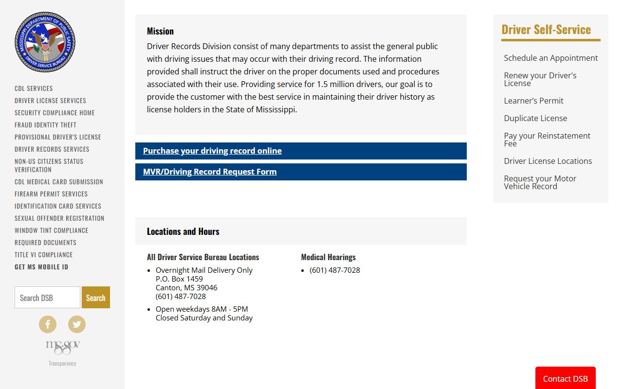 Mississippi DPS Driver Records page used alongside Marshall County inmate searches