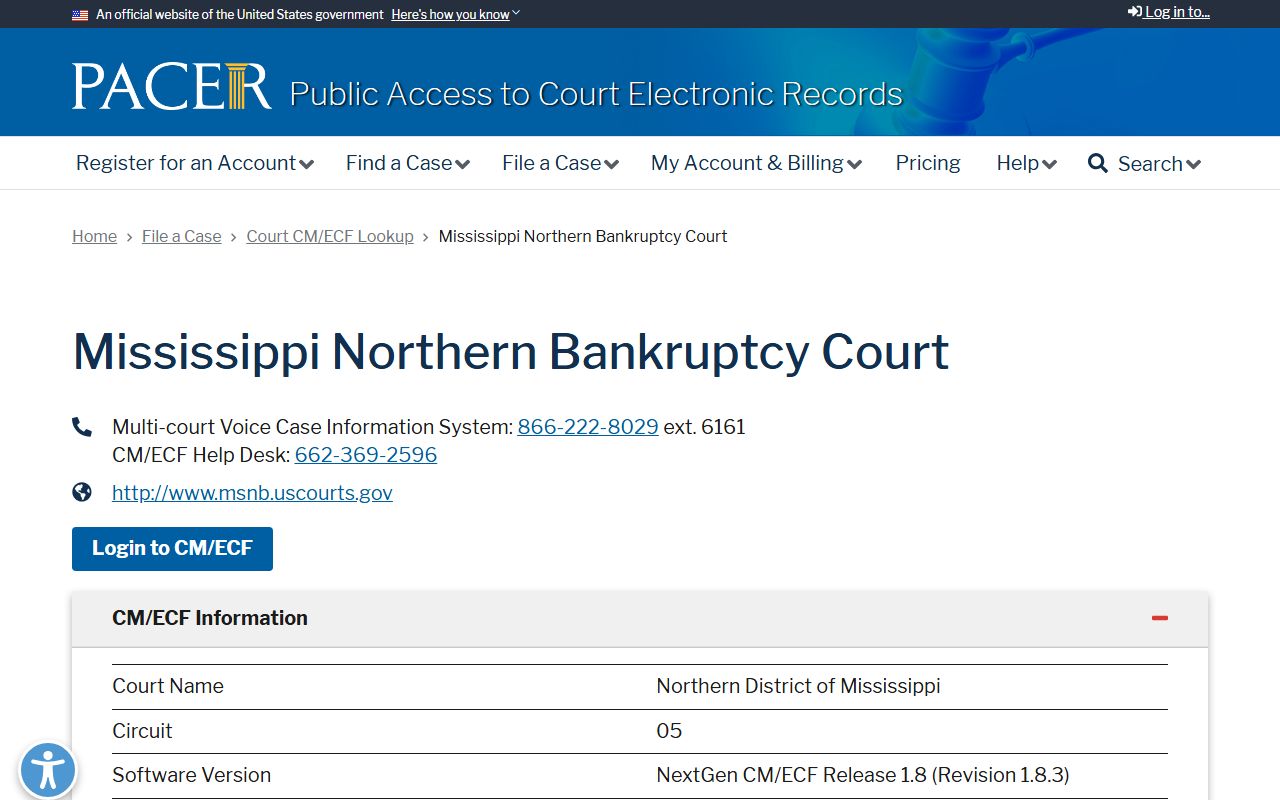 PACER lookup for the Mississippi Northern Bankruptcy Court serving Marshall County records
