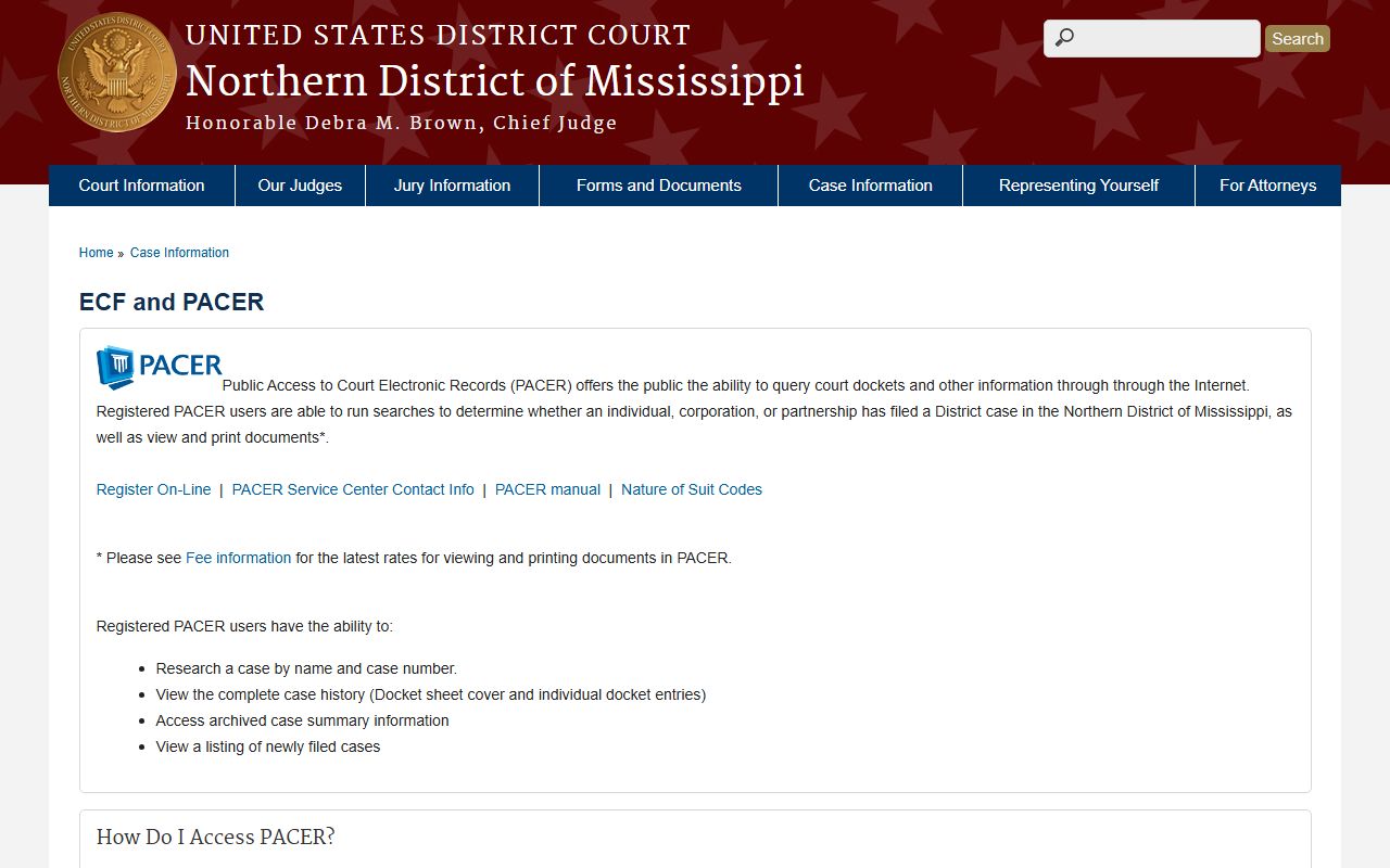 Northern District of Mississippi ECF and PACER page for Marshall County federal records