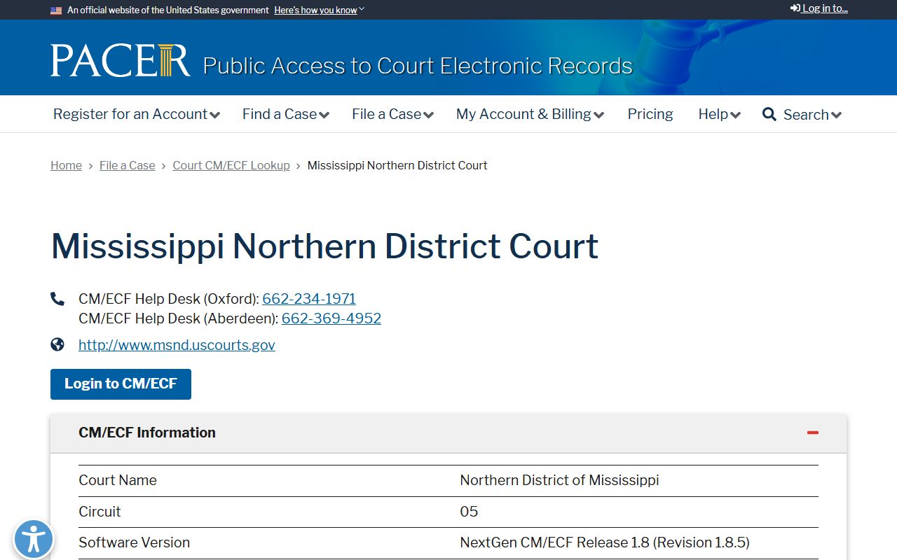 PACER court lookup page for the Mississippi Northern District serving Marshall County