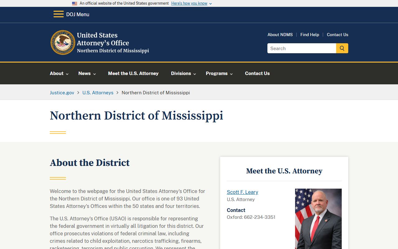 U.S. Attorney for the Northern District of Mississippi serving Marshall County federal records