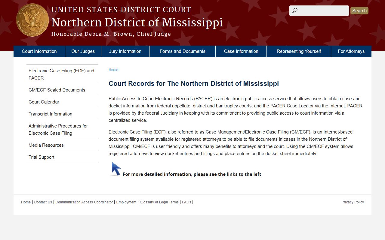 Northern District of Mississippi federal court case information page for Marshall County records