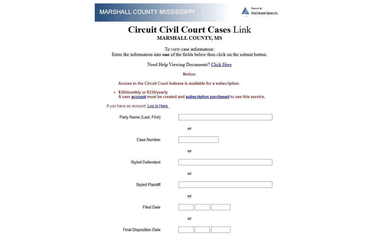 Marshall County Circuit civil court records search portal