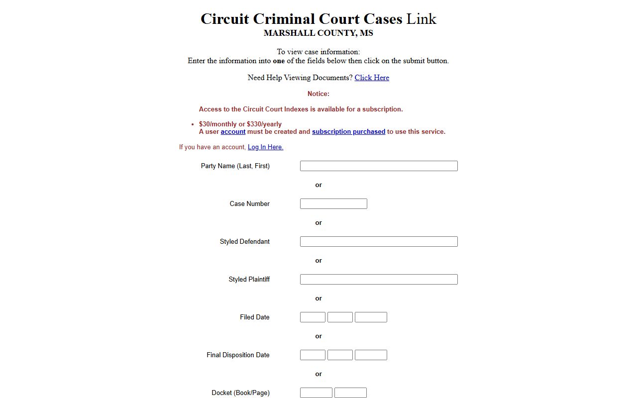 Marshall County Circuit criminal court records search portal