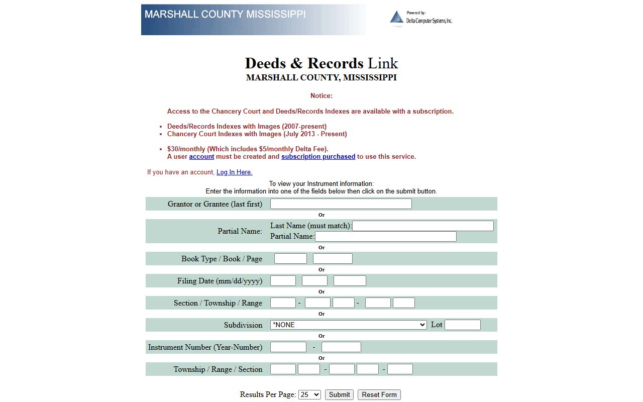 Marshall County land and deed records search interface