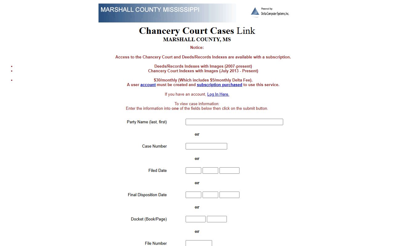Marshall County Chancery court records case search with refinements