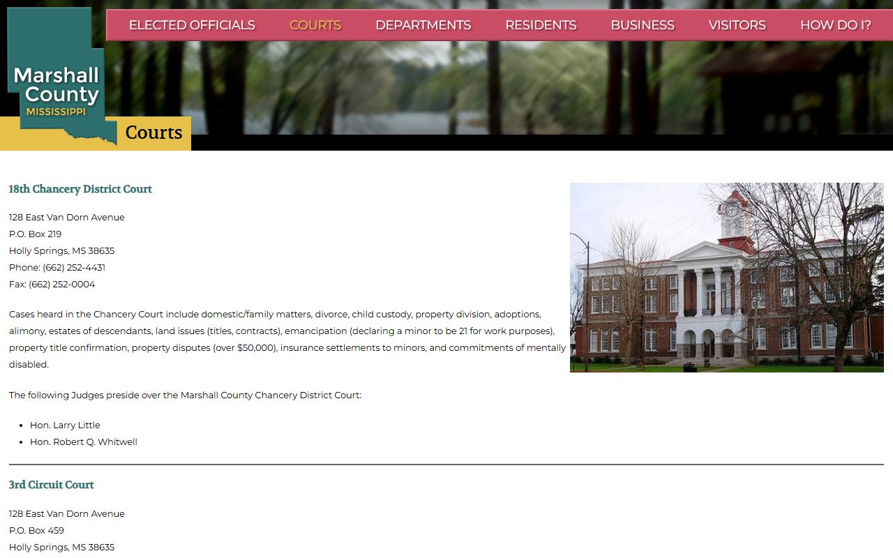 Marshall County court records listing on the official county courts page