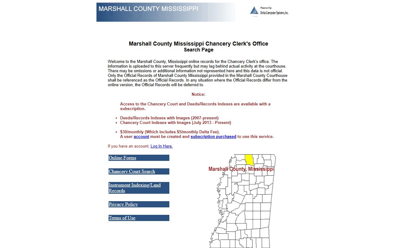 Marshall County Chancery Clerk online court records portal with official-record warning